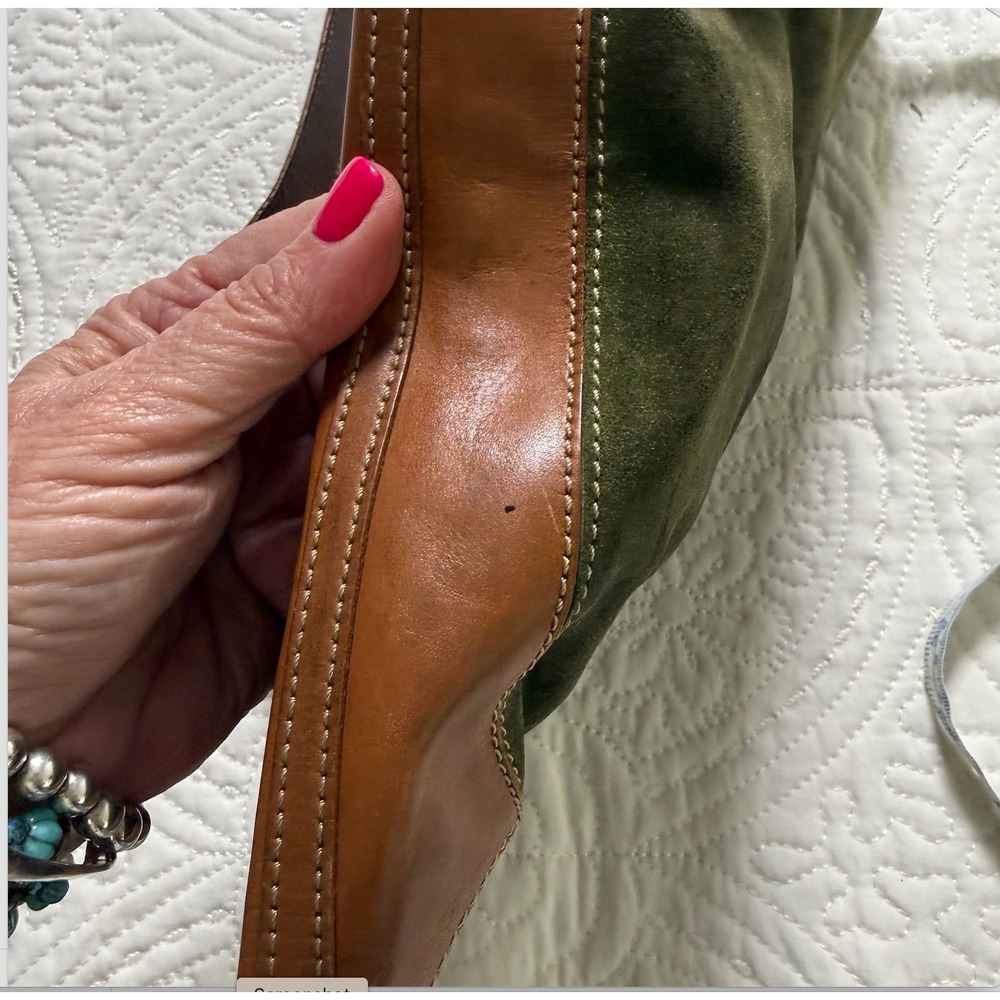 J Crew Hobo boho Bag Womens Large Green Suede Brown Leather Shoulder Bag - Picture 3 of 8